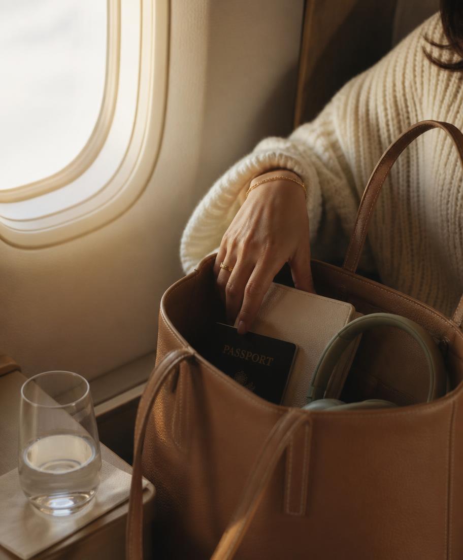 A hand reaching into a tan leather tote holding a passport and notebook beside an airplane window in warm light